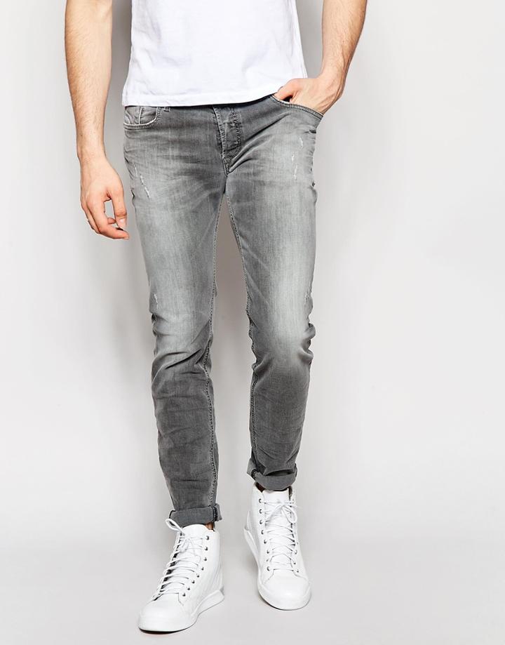 Diesel Jeans Sleenker 672j Skinny Fit Stretch Distressed Light Gray Wash - Light Gray