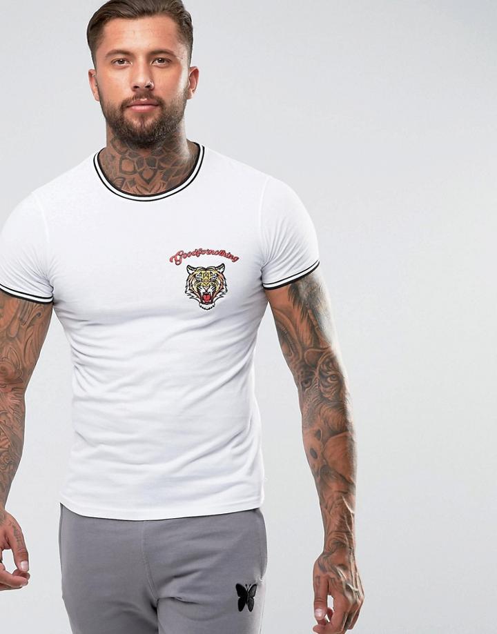 Good For Nothing Muscle Ringer T-shirt In White With Embroidered Tiger - White