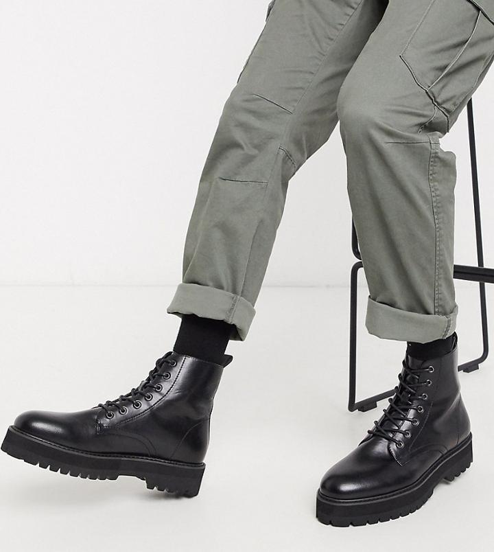 Asos Design Wide Fit Lace Up Boot In Black Faux Leather With Raised Chunky Sole