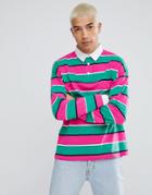 Asos Oversized Bright Stripe Long Sleeve Rugby Polo In Heavyweight Jersey - Multi