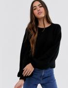 Vila Ballon Sleeve Rib Knitted Sweater - Black