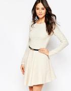 Club L Long Sleeve Skater Dress With Bow Belt In Metallic Fleck