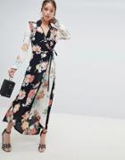 Miss Selfridge Maxi Dress With Wrap Front In Mixed Floral Print - Multi