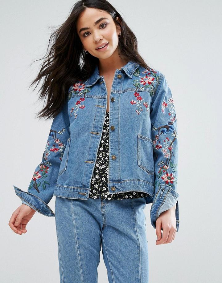 Qed London Flower And Bird Embroidered Denim Jacket - Blue
