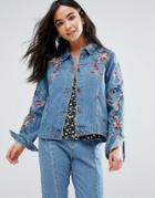 Qed London Flower And Bird Embroidered Denim Jacket - Blue