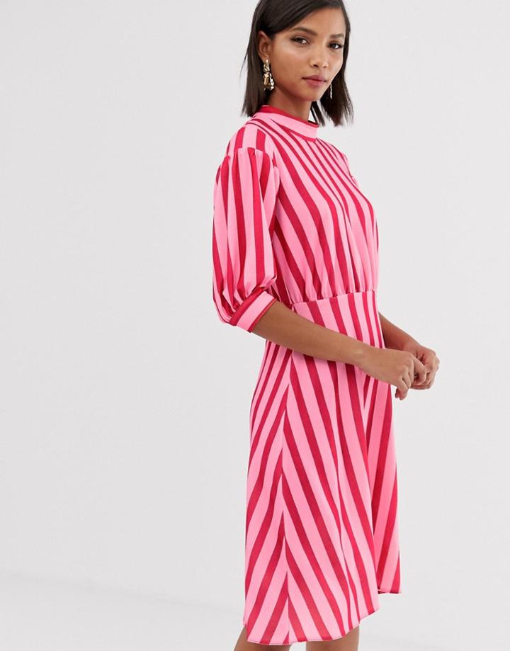 Closet London High Neck Midaxi Skater Dress In Contrast Candy Stripe - Multi