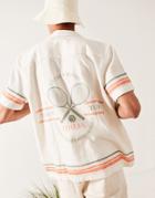 Asos Design Relaxed Camp Collar Shirt With Tennis Print In Textured Fabric-white