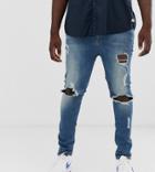 Asos Design Plus Super Skinny Jeans With Open Rips In Vintage Dark Wash Blue