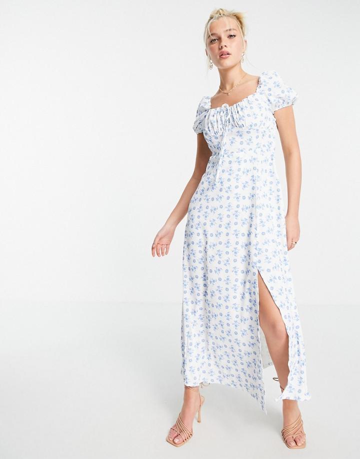 In The Style X Billie Faiers Sweetheart Bust Midi Dress With Thigh Split In White Floral Print-multi