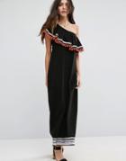 Asos One Shoulder Maxi Sundress With Trims - Black