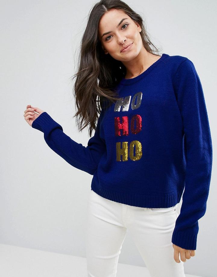 Brave Soul Ho Ho Ho Holidays Sweater With Sequins - Blue