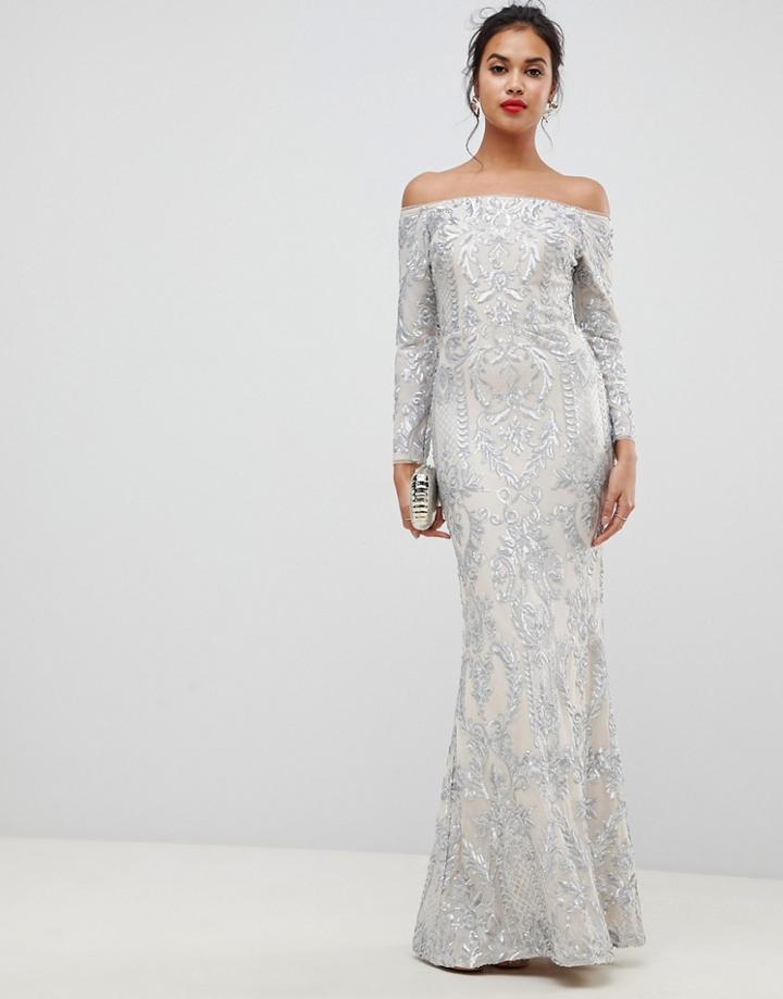 Bariano Embellished Patterned Sequin Off Shoulder Maxi Dress In Silver - Silver