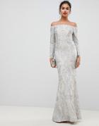 Bariano Embellished Patterned Sequin Off Shoulder Maxi Dress In Silver - Silver