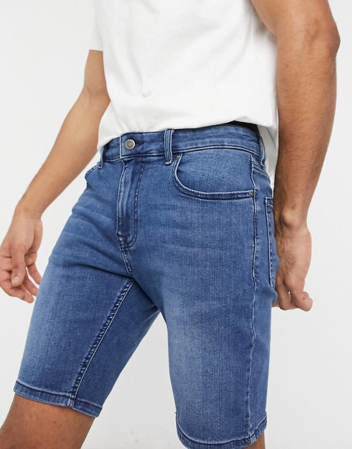 Asos Design Spray On Denim Shorts With Power Stretch In Dark Wash Blue-blues