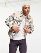 Asos Design Denim Jacket With All Over Print In Stone-neutral