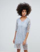 Darling 3/4 Sleeve Crochet Lace Shift Dress - Blue