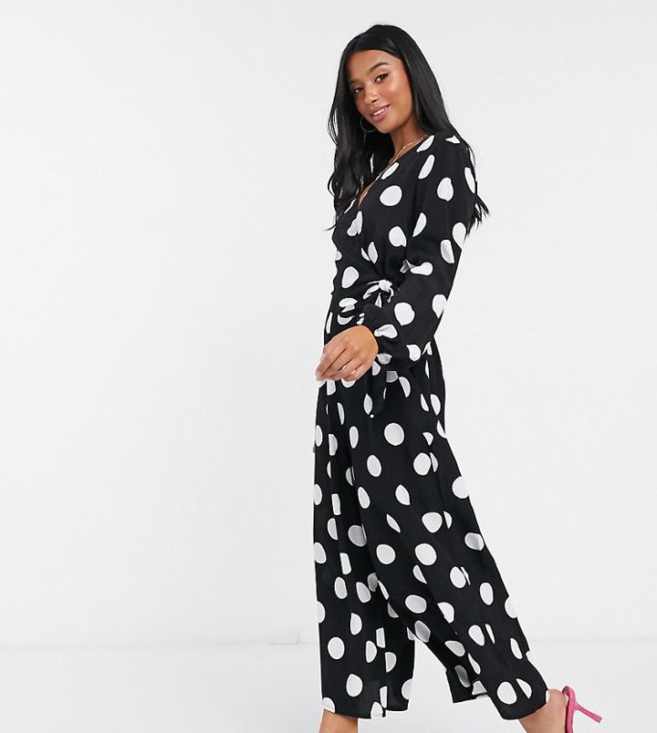 Asos Design Petite Wrap Tie Jumper In Mono Polkadot Print-multi