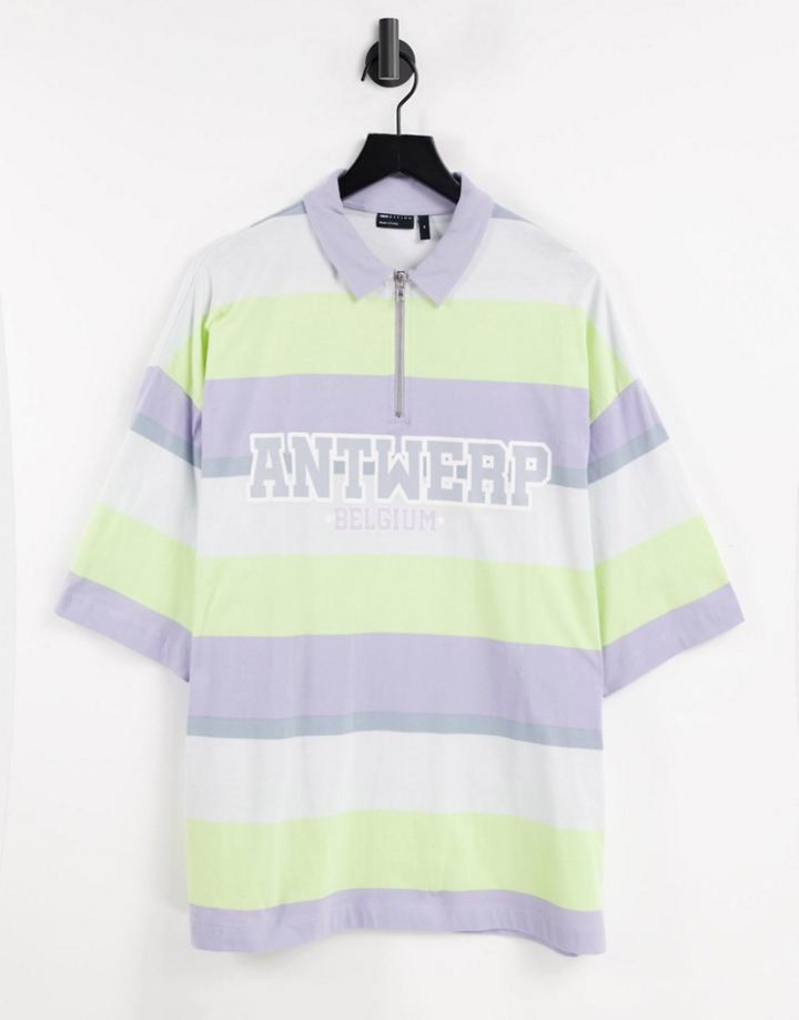 Asos Design Oversized Blue & Green Stripe Polo T-shirt With City Print-multi