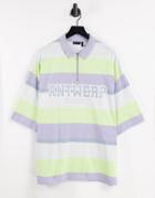 Asos Design Oversized Blue & Green Stripe Polo T-shirt With City Print-multi