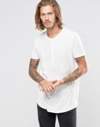 Asos Longline T-shirt In Textured Fabric With Grandad Neck And Curved Hem - White