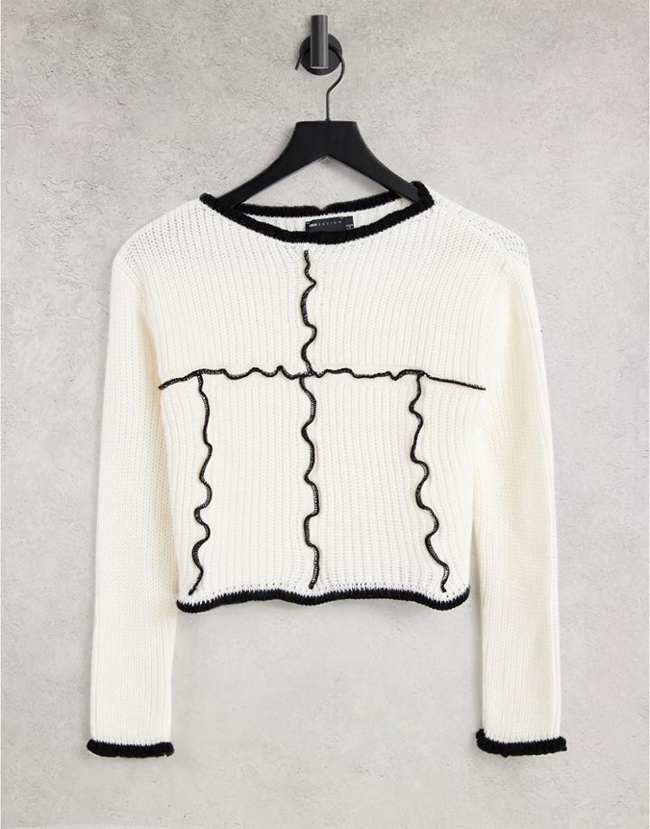 Asos Design Sweater With Contrast Seam In Cream-white