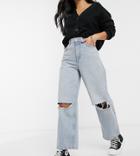 Asos Design Petite High Rise 'relaxed' Dad Jeans In Lightwash With Rips-blues