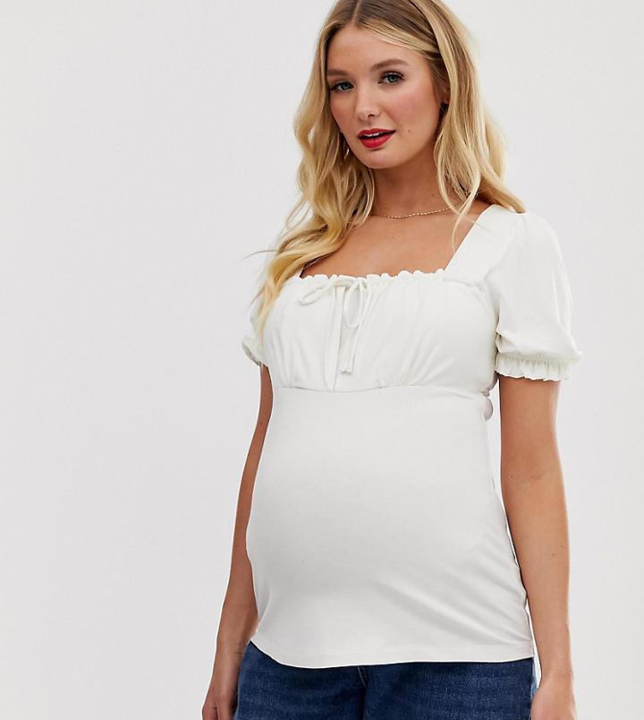 Asos Design Maternity Nursing Square Neck Ruched Front Top With Puff Sleeve In Cream