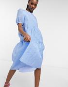 Y.a.s Embossed Midi Dress With Tiered Skirt And Puff Sleeves In Blue-blues