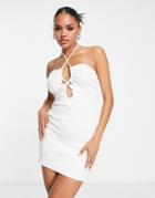 Rebellious Fashion Rib Drawstring Cut Out Mini Dress With Cross Over Halterneck Straps In White