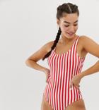Monki Stripe Scoop Neck Swimsuit In Red And White - Black