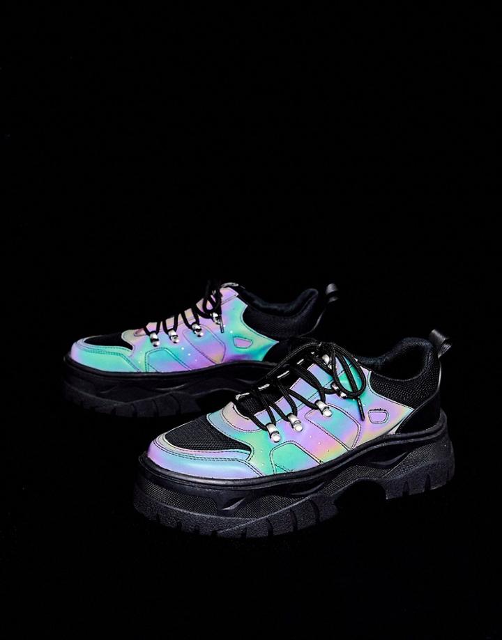 Asos Design Sneakers In Reflective Petrol With Hiker Details And Chunky Sole - Black