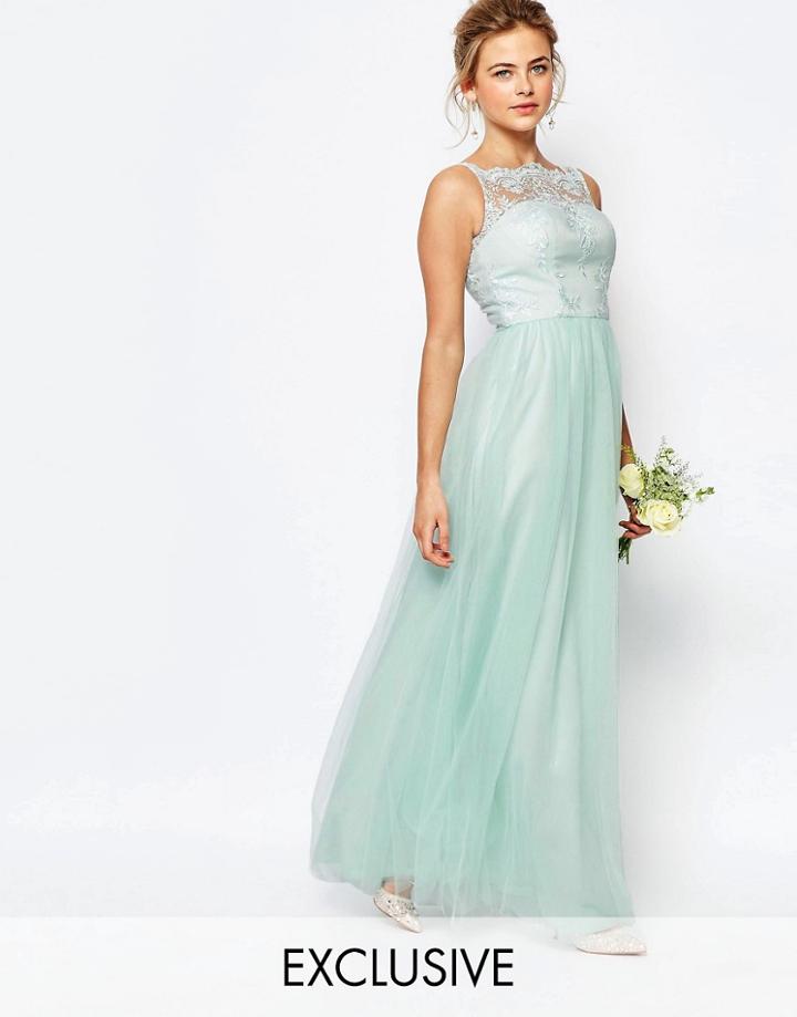 Chi Chi London Bardot Neck Sleeveless Maxi Dress With Premium Lace And Tulle Skirt - Morning Mist