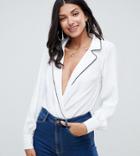 Asos Design Tall Pyjama Style Shirt Body With Piping - Cream