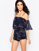 Oh My Love Off Shoulder Frill Romper In Stardust Print - Strardust