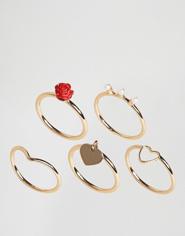 Asos Pack Of 5 Love Ring Pack - Gold