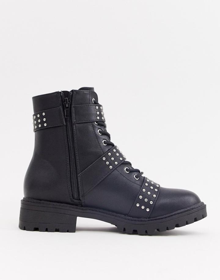 Prettylittlething Biker Boot With Stud Detail In Black - Black
