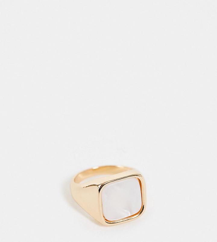 Reclaimed Vintage Inspired Chunky Signet Ring With Faux Mother Of Pearl Stone In Gold