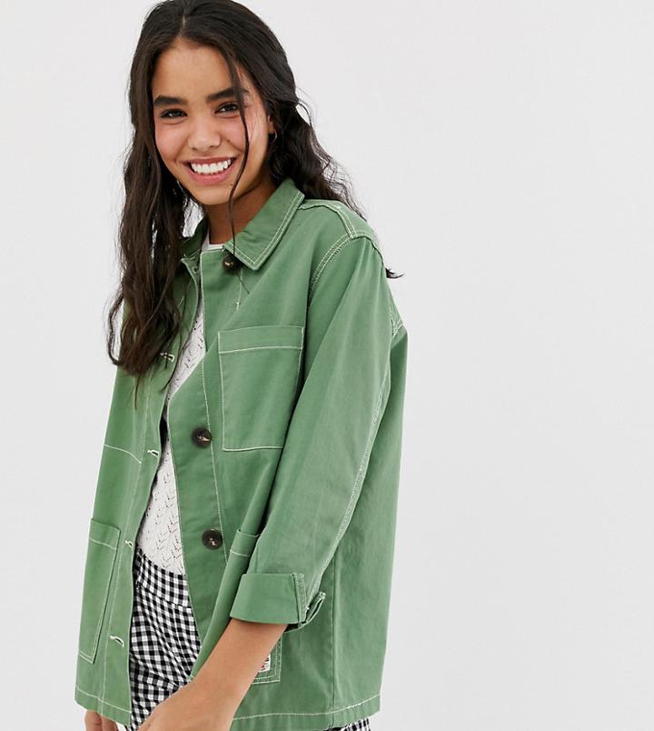 Bershka Contrast Stitch Army Jacket In Green - Green