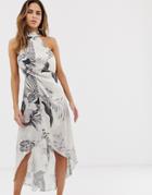 Asos Design High Neck Satin Twill Midi Dress In Tonal Palm Print - Multi