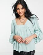 Asos Design Square Neck Top With Blouson Sleeve In Sage-green