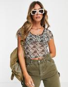 Topshop Short Sleeve Mesh Trim Top In Brown Floral Print-multi