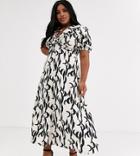 Glamorous Curve Vintage Button Front Midi Tea Dress In Brushstroke Print