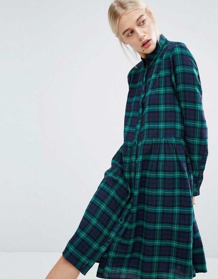 Monki Plaid Check Midi Shirt Dress - Blue