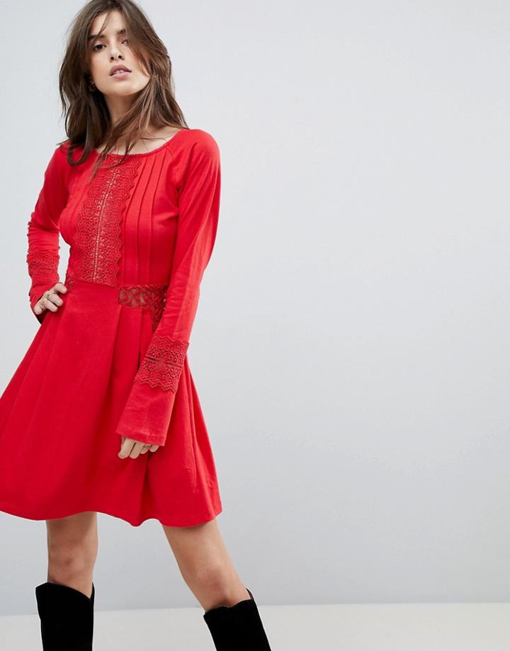 Asos Mini Skater Sundress With Lace Panels And Frill Cuffs - Red