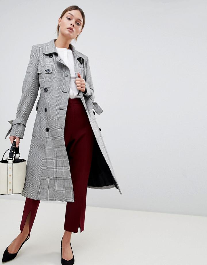Helene Berman Double Breasted Houndstooth Trench - Black
