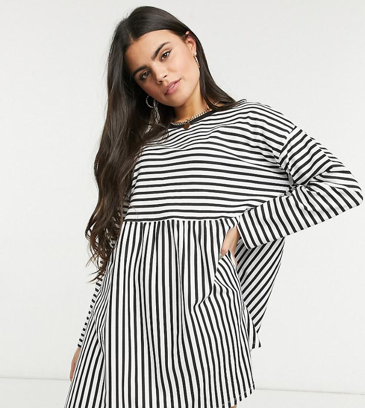 Asos Design Petite Super Oversized Long Sleeve Smock Dress In Black And White Stripe