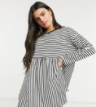 Asos Design Petite Super Oversized Long Sleeve Smock Dress In Black And White Stripe