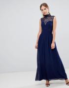 Little Mistress High Neck Maxi Dress With Gathered Bust And Gold Foiled Lace Yoke - Navy