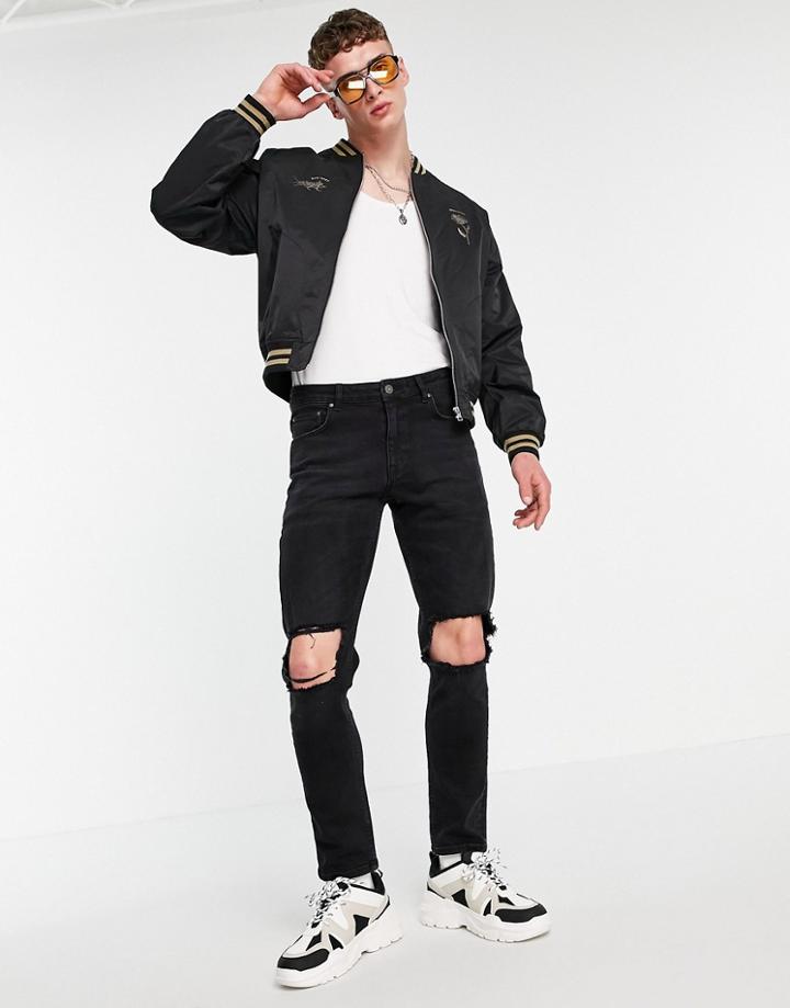 Asos Design Stretch Slim Jeans With Knee Rips In Washed Black