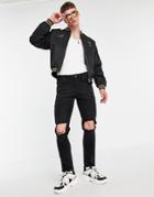 Asos Design Stretch Slim Jeans With Knee Rips In Washed Black